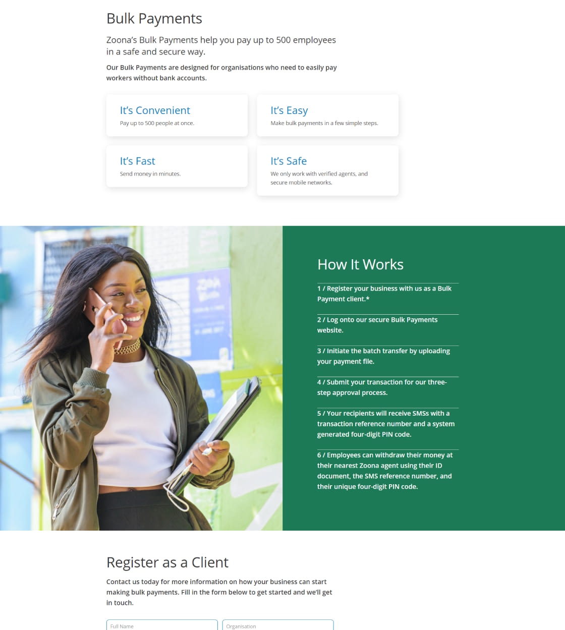 Website Design for African Fintech Startup Zoona - Product Feature Page UI Showcase
