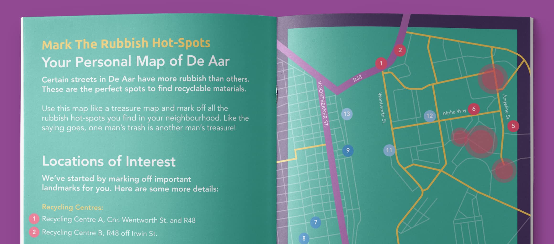 Creative Recycling Programme Booklet Design Showing a Map of De Aar with Rubbish Hot Spots Highlighted